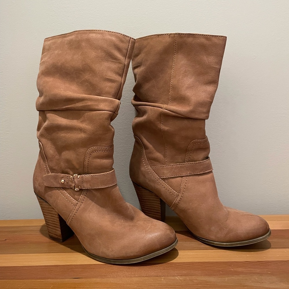 Aldo Suede Khaki Mid Calf Heeled Boots